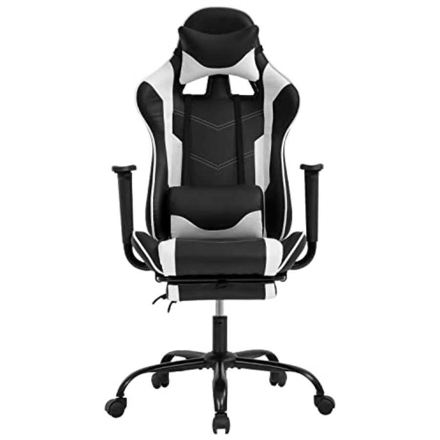Home Office Chair - ホームオフィス用ゲーミングチェア：人間工学に基づいたレーシングスタイルのホワイトコンピューターチェア、調節可能なハイバック、フットレスト、ヘッドレスト付き、