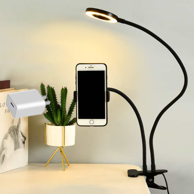 Home Office Inspiration - 自撮りリングライト付きユニバーサルフレキシブル携帯電話ホルダー、オフィス怠惰なブラケットデスクランプLEDライト、ライブストリームフィルライト用
