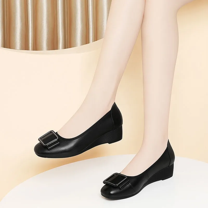 Home Office Inspiration - zapatos de mujer 女性のかわいいラウンドトゥ軽量ブラックパテントレザースプリングスリッポンウェッジヒールシューズオフィスワークシューズ a583