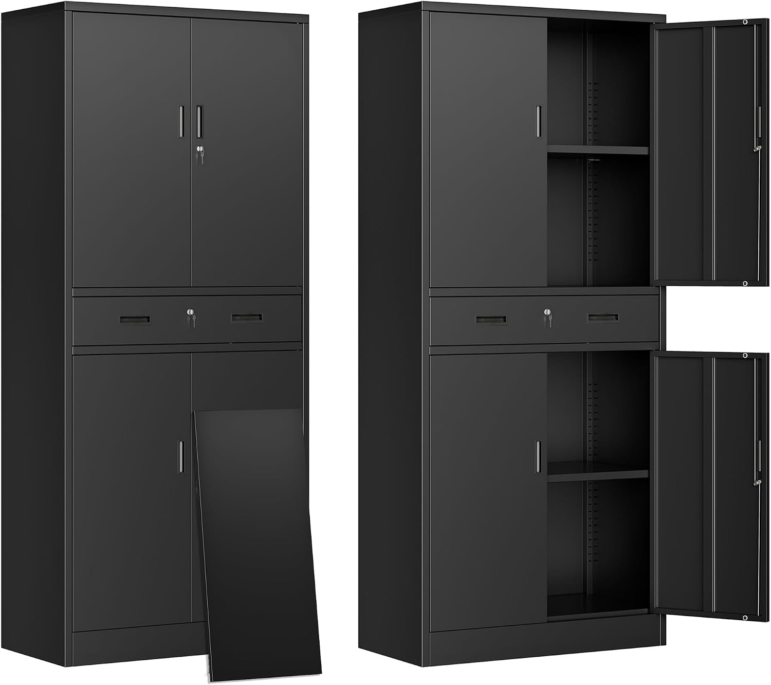 File Cabinet Drawer - 引き出し付き背の高い金属製収納キャビネット、鍵付きツール・ファイル収納庫、家庭・オフィス・ガレージ・キッチン・倉庫用ユーティリティスチールオーガナイザー、多段調整可能棚ユニット、モダンインダストリアル、ブラック、1個