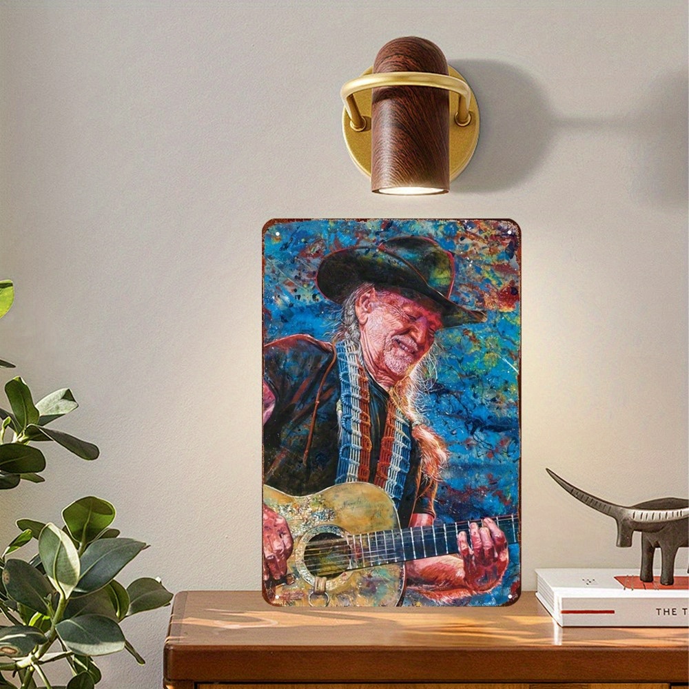 Home Office Inspiration - ウィリー・ネルソンにインスパイアされたメタルブリキ看板 - ヴィンテージギタリストウォールアート、耐候性があり屋内、屋外の装飾に最適、B