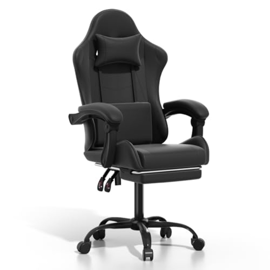 Home Office Chair - ホームオフィス用ゲーミングチェア、PUレザー、ブラック、人間工学に基づいたランバーサポートと360度回転機能付き